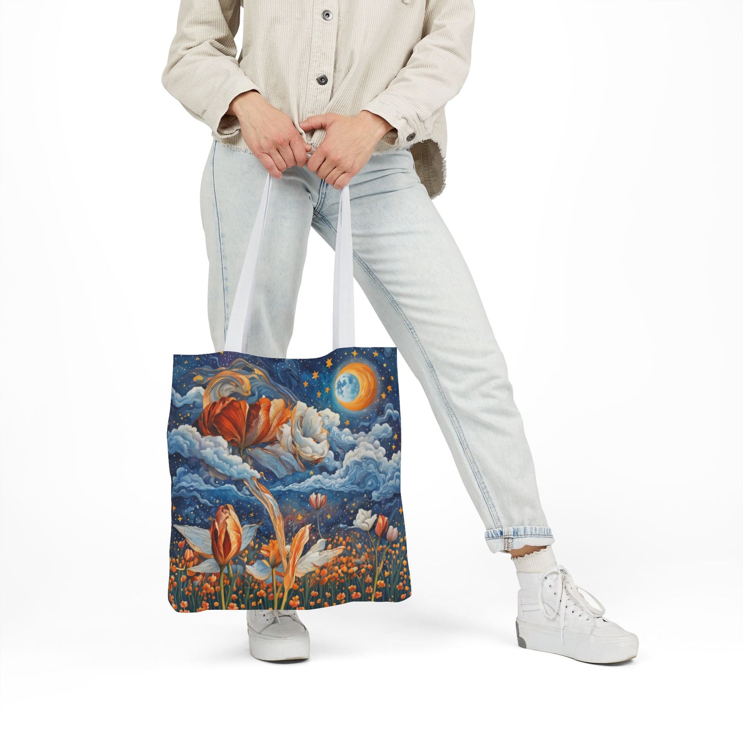 Colorfui Celestial Tulips -Inspired Canvas Tote Bag - Perfect for Beach Days, Eco-Friendly Shopping, and Summer Fun!