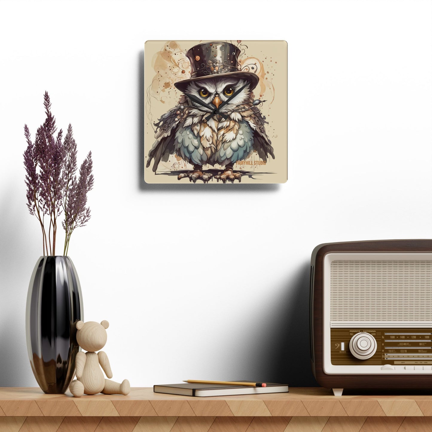 Acrylic Wall Clock - Cute Night Owl Steampunk Art