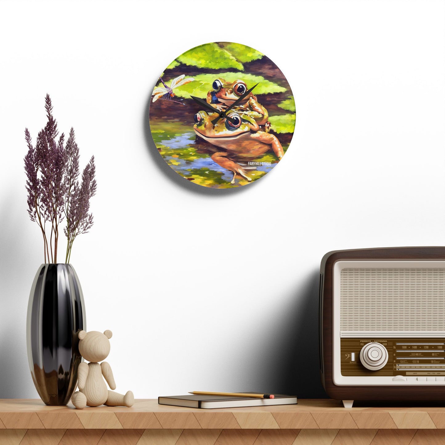 Wall Clock - Frogs and a Dragonfly in a Pond Acrylic Wall Clock