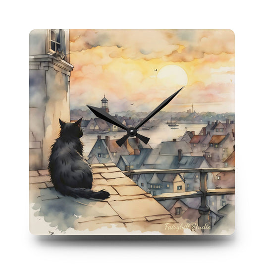 Black Cat on a roof top - by Fairyhill Studio  Wall clock  Gift   Acrylic Wall Clock