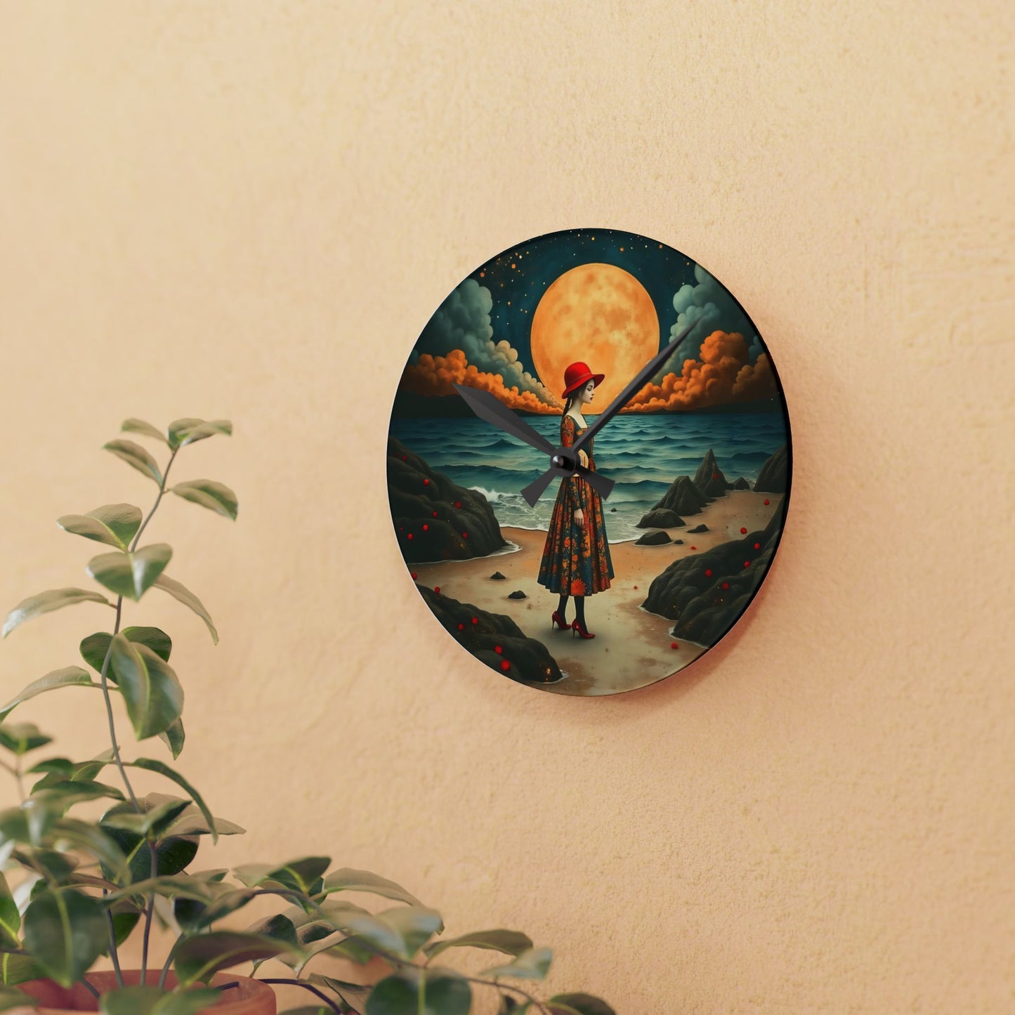 Moon girl with red hat Wall clock  Gift   Acrylic Wall Clock