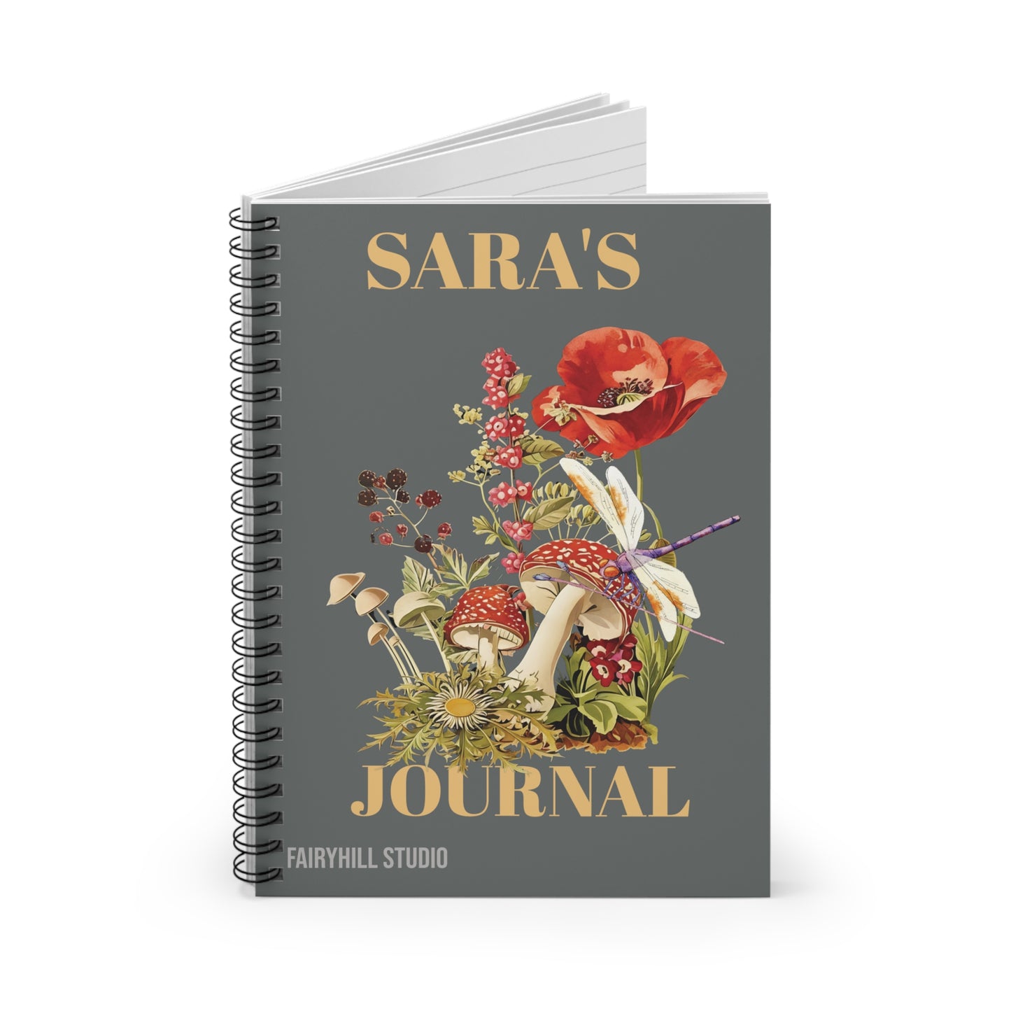 Botanical Mushroom,Dragonfly, Personalized Notebook, Personalized journal, Mushroom, Wildflower,