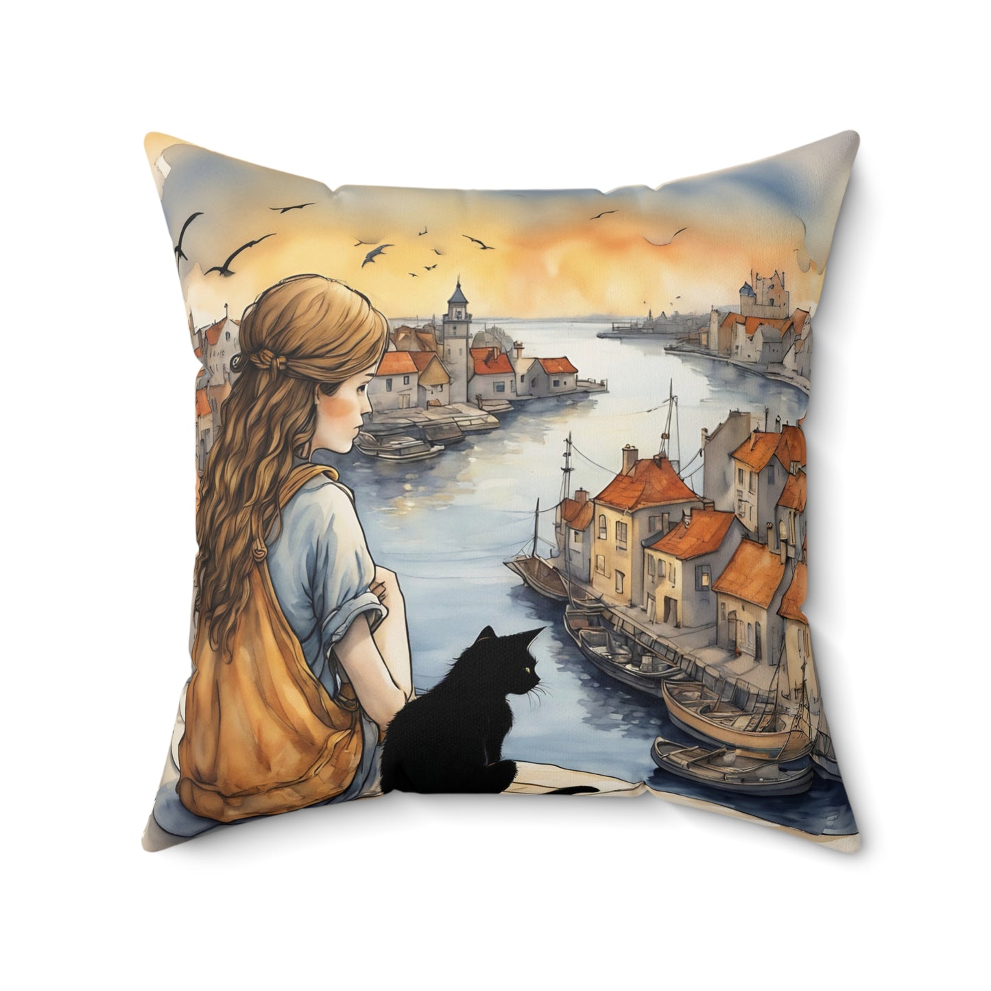 Girl with black cat  Black cat on a balcony  Square Pillow - by Fairyhill Studio