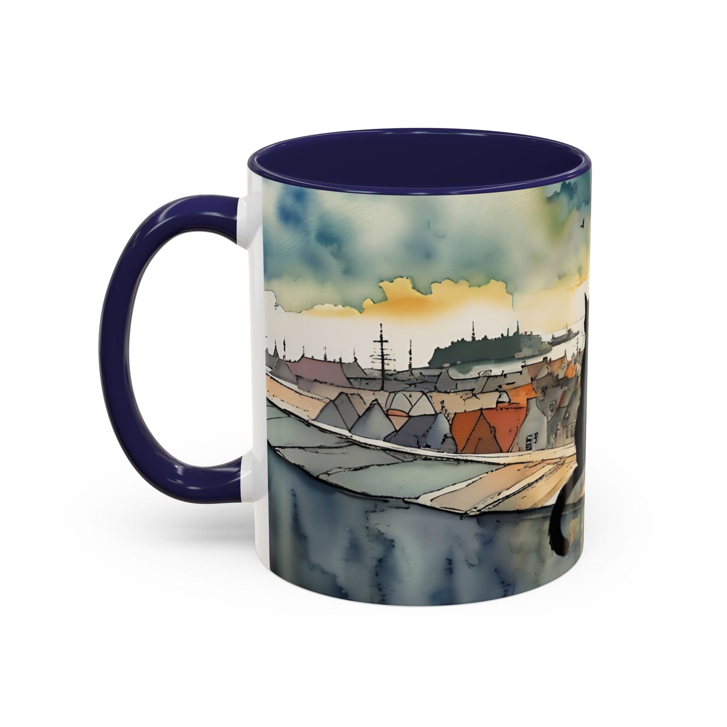 Black cat on a roof top Art-Themed Coffee Mug - 11 & 15oz Accent Mug for Musroom Fsiry Lovers