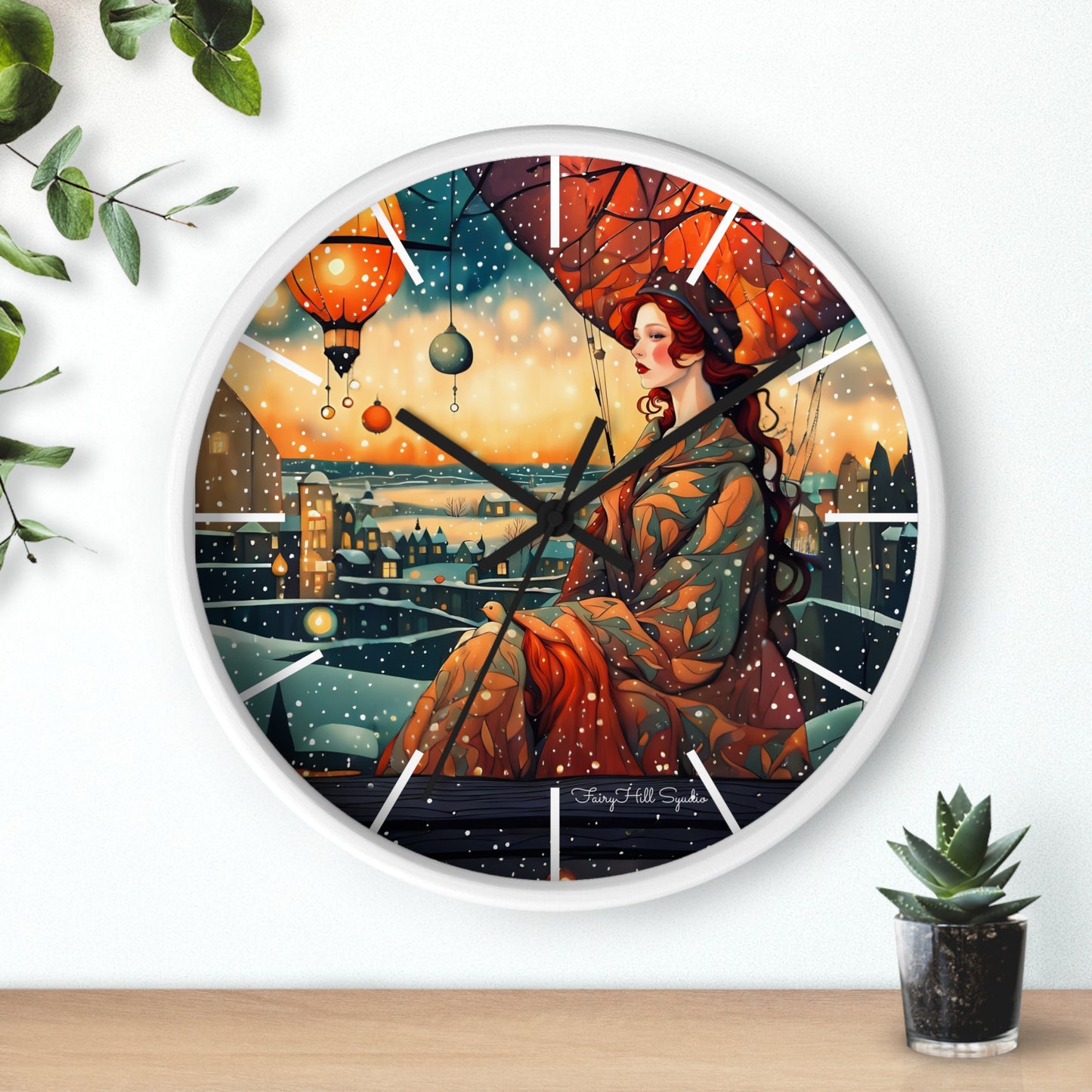 Whimsical City snow Wall Clock, Boho Home Decor, Cat Lover Gift, Cozy Living Room Accessory, Unique Cat Artwork