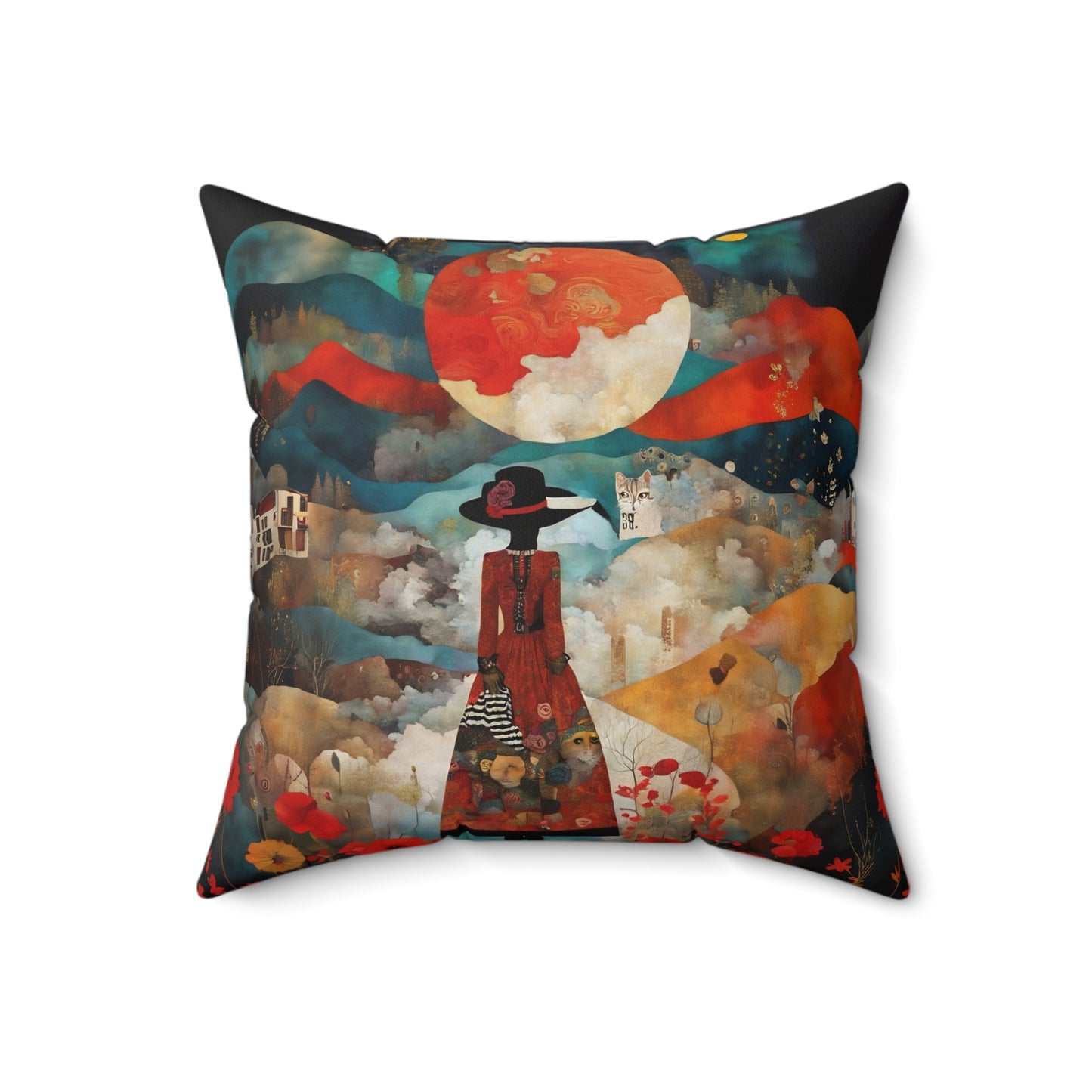 Moon struck/Red poppies Square Pillow - by Fairyhill Studio