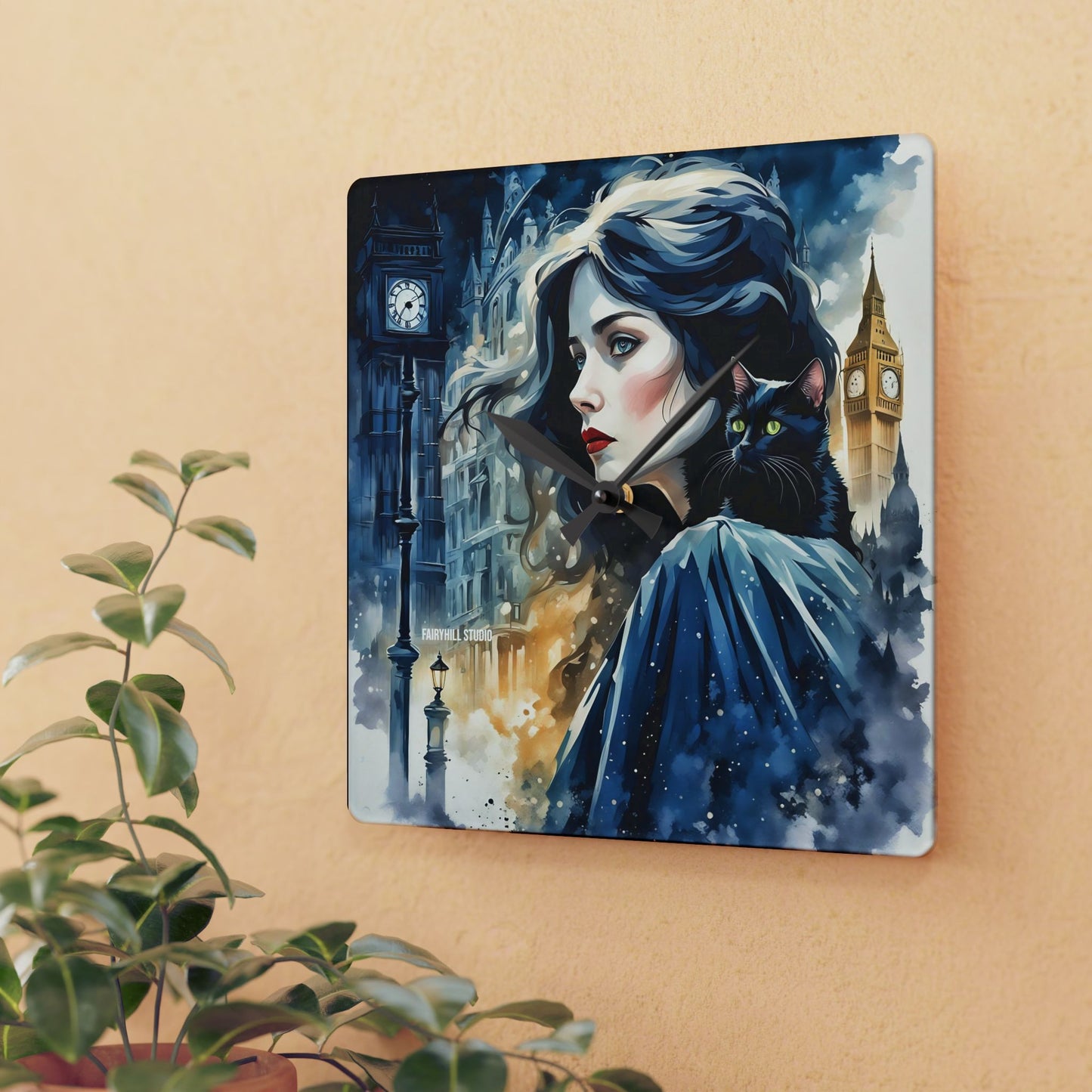 Acrylic Wall Clock - Woman with cat london Art