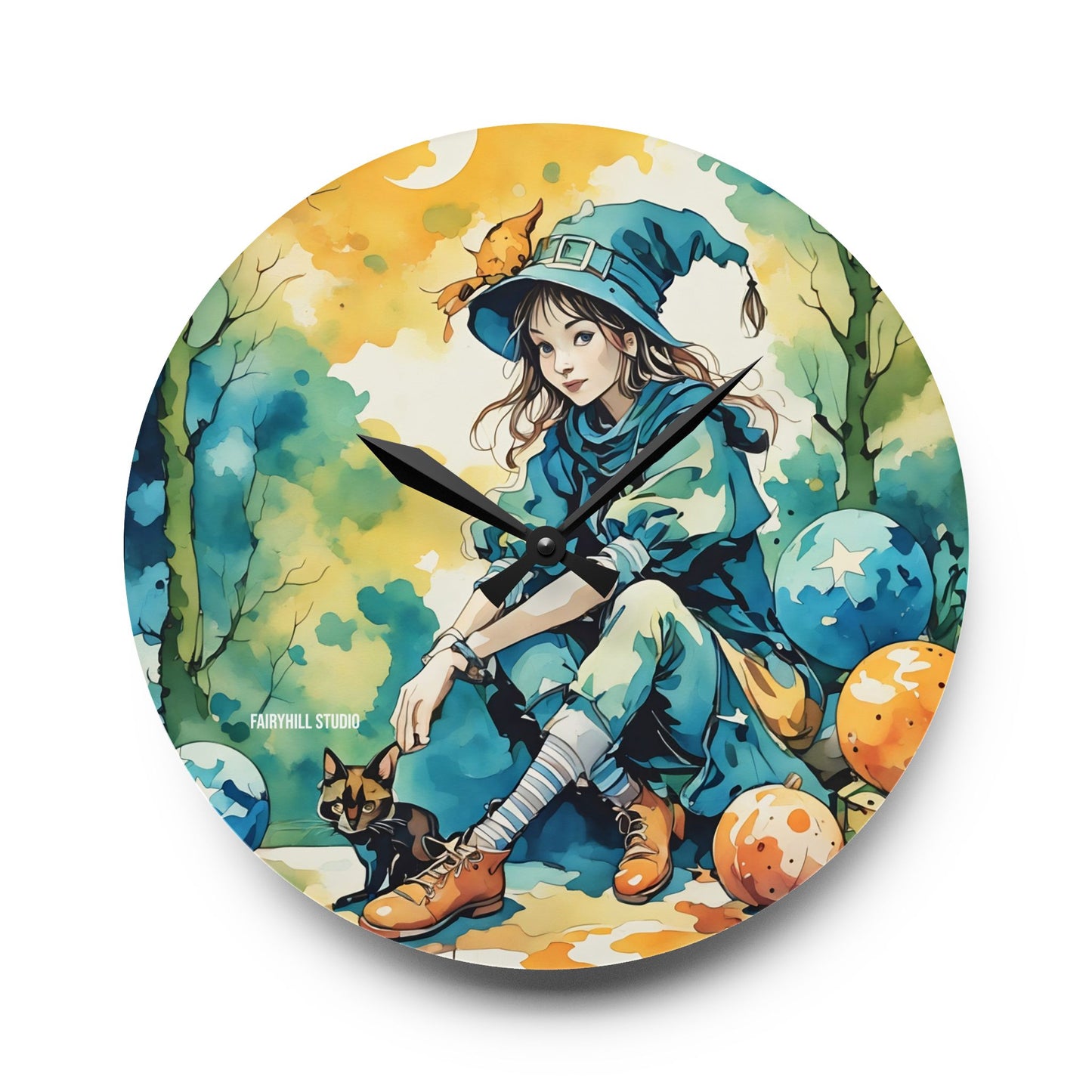 Acrylic Wall Clock -Girl with cat Art