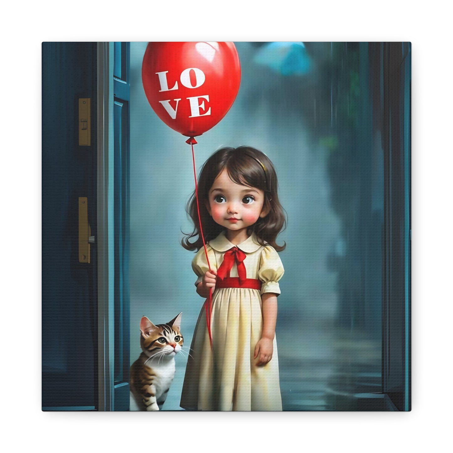 Canvas Print - Cute Girl with Red Love Balloon and Cat Art by Fairyhill Studio
