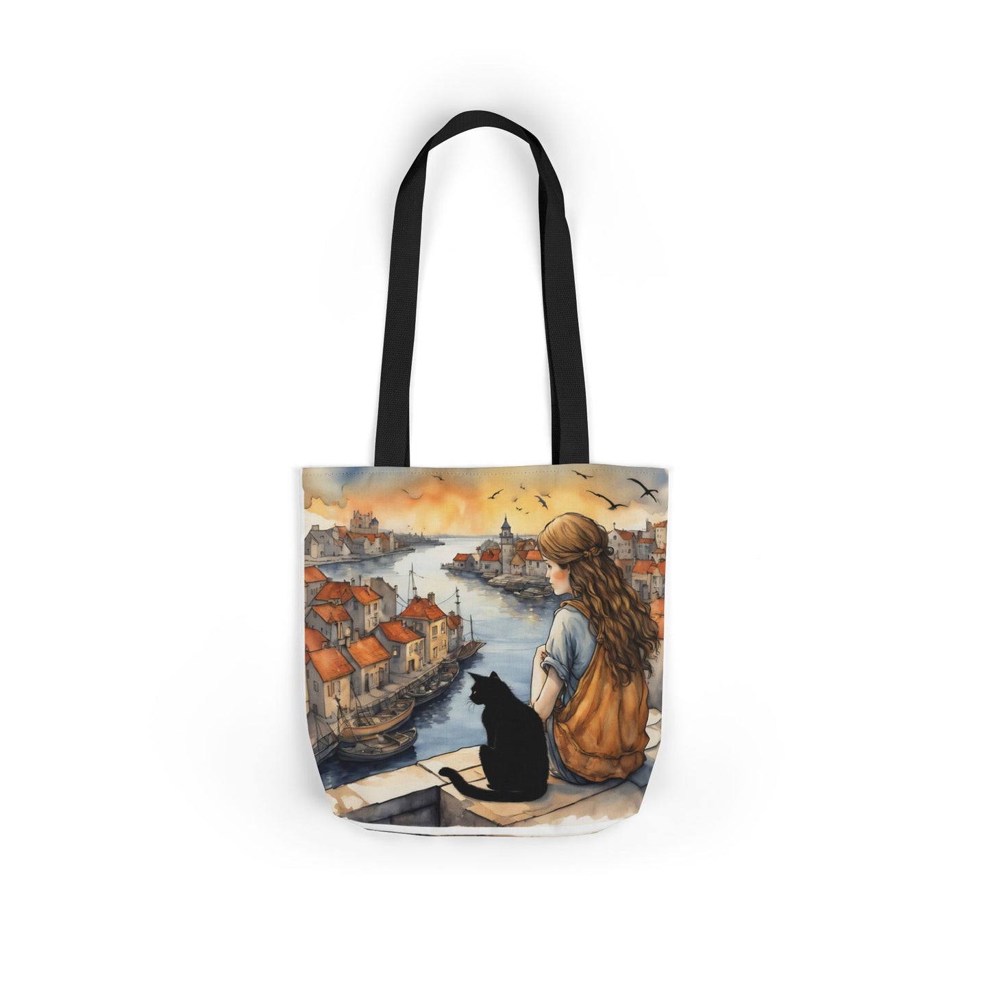 Girl with a Black cat on a roof top FairyHill Studio Red phone- Canvas Tote Bag - Perfect for Beach Days, Eco-Friendly Shopping, and Summer Fun!