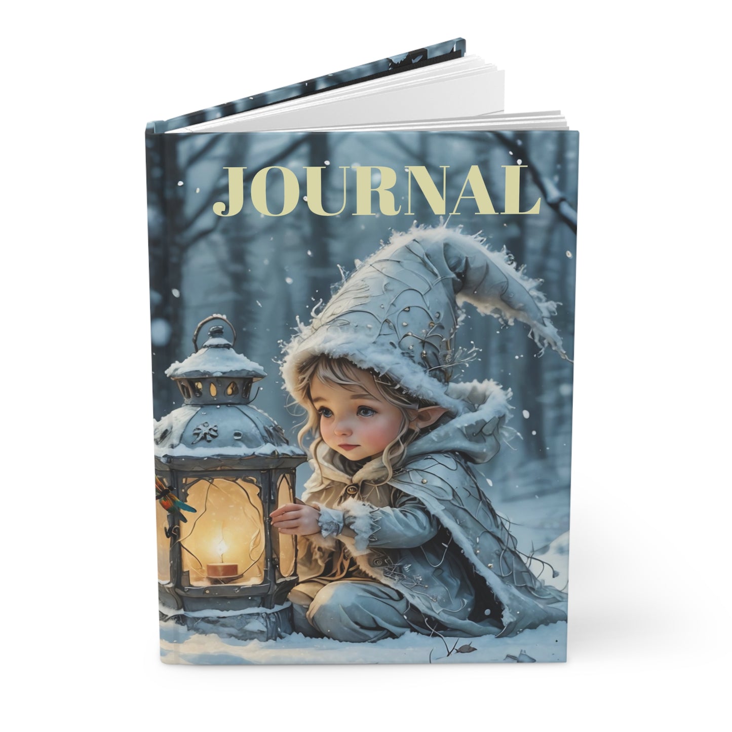 Hardcover Journal Matte - Cute Elf Fairy Art with Dragonfly Lantern in Winter Snow - Magical Holiday Design