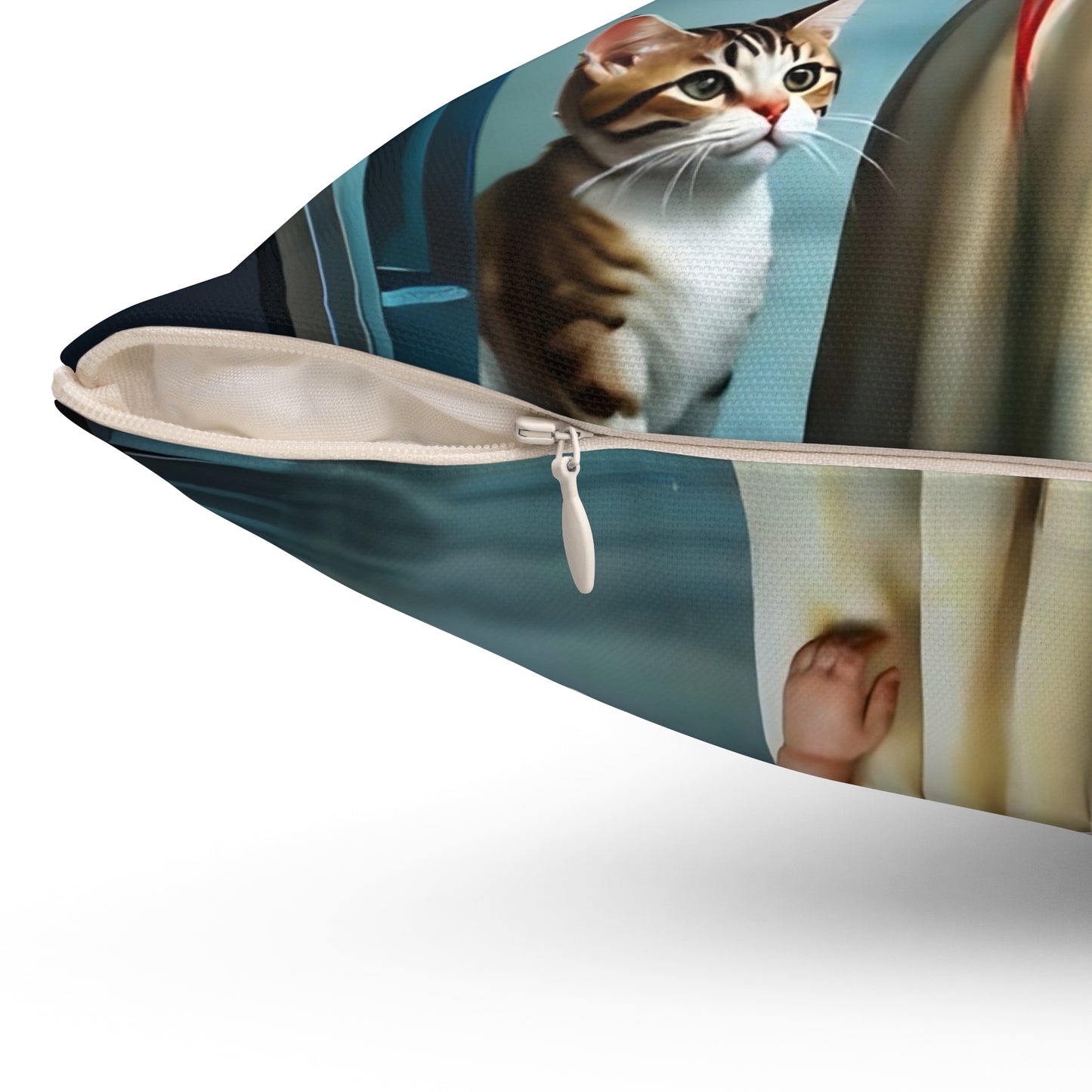 Square Pillow - Cute Girl with Red Love Balloon and Cat Art by Fairyhill Studio