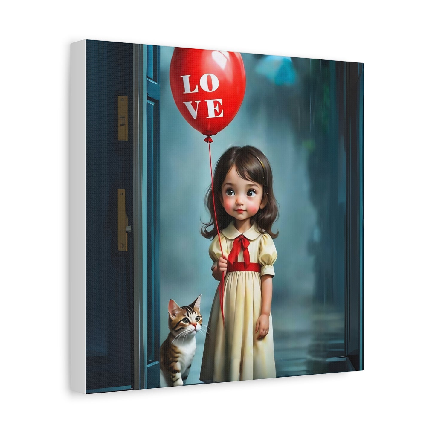 Canvas Print - Cute Girl with Red Love Balloon and Cat Art by Fairyhill Studio