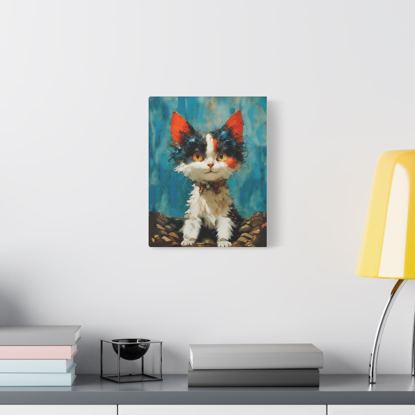 Whimsical cute Cat in aqua and orange colors Canvas Art  by FairyHill Studio