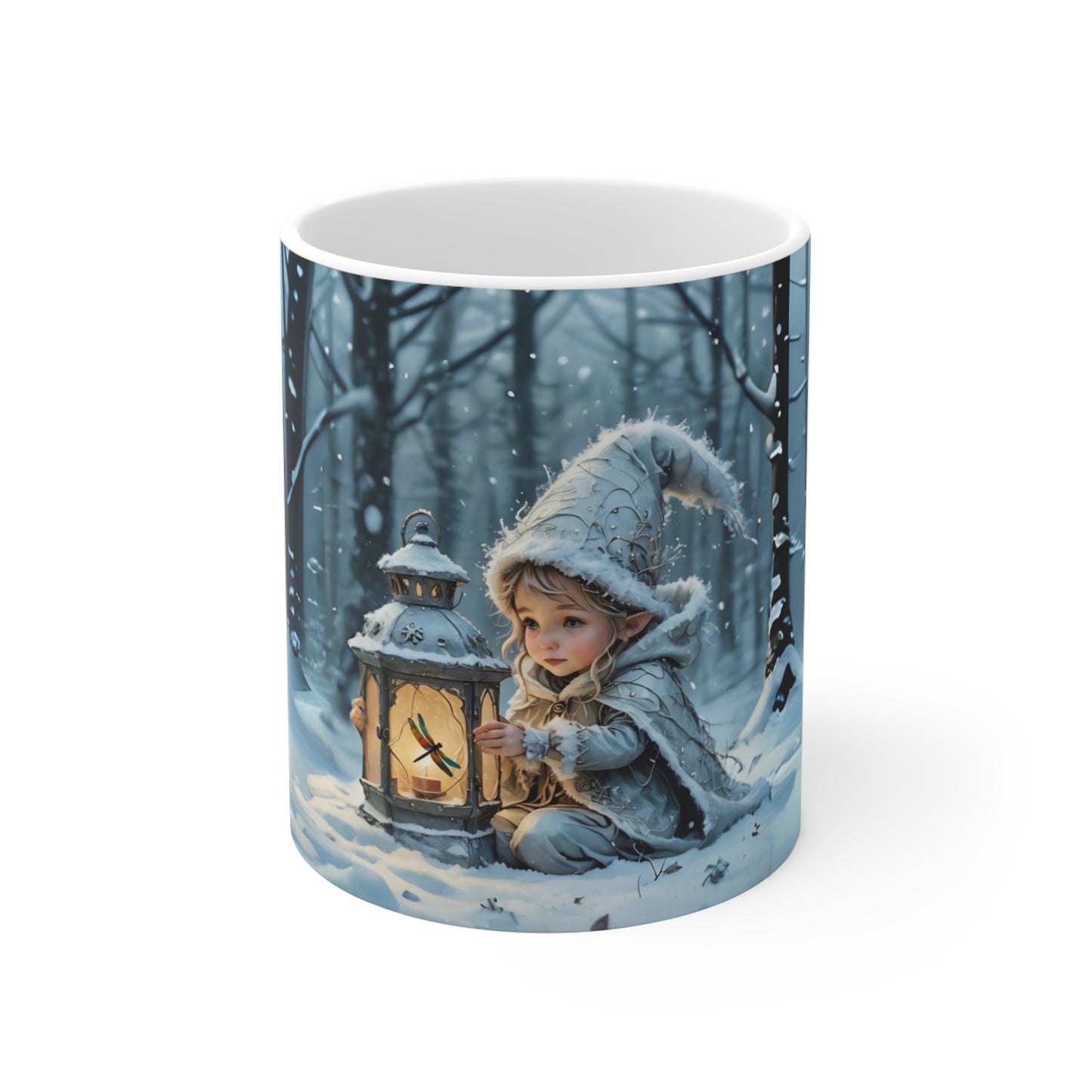 Mug 11oz - Winter Elf and Dragonfly Lantern Christmas Art