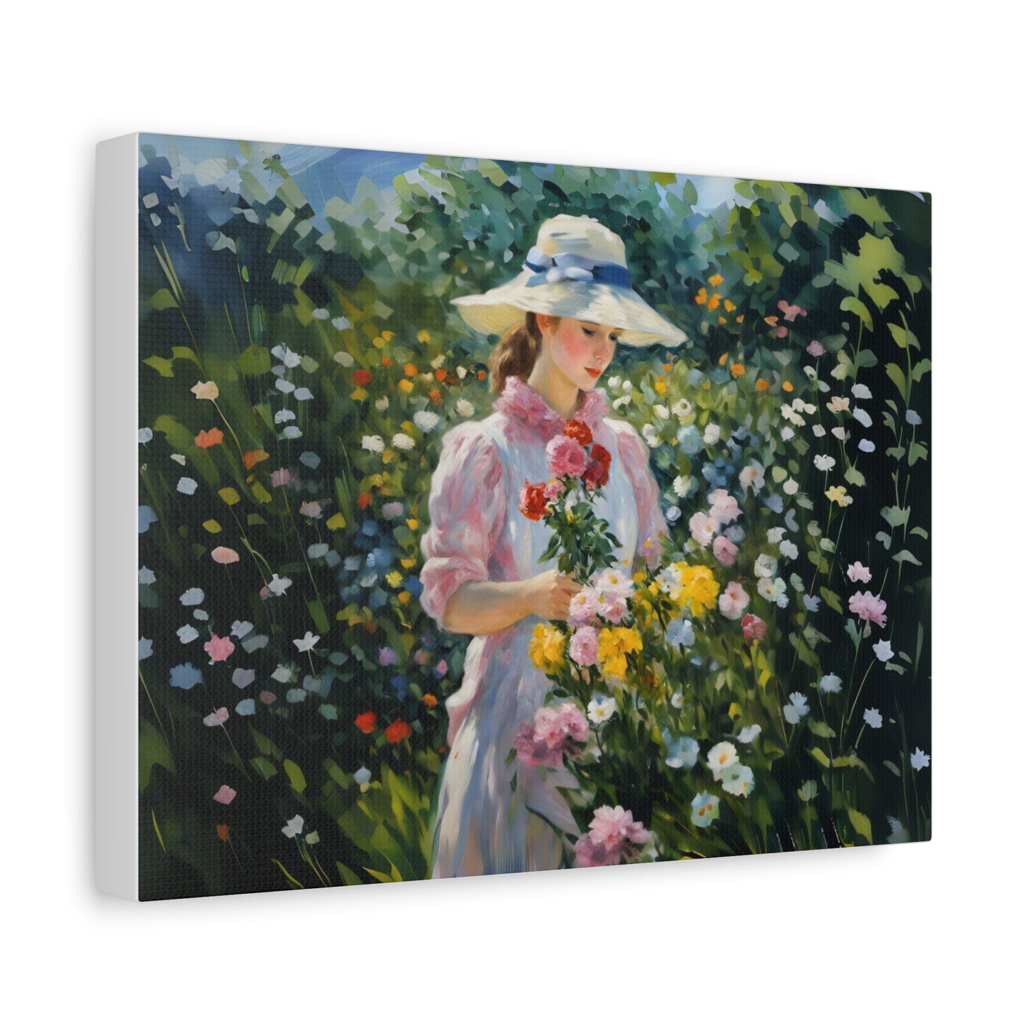 Canvas Art - Monet Style Floral Serenity with Elegant Woman and Flower Basket, Stretched Matte 1 25"