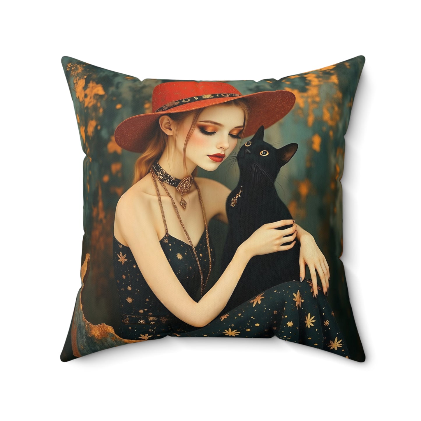 Girl with black cat  Square Pillow - by Fairyhill Studio