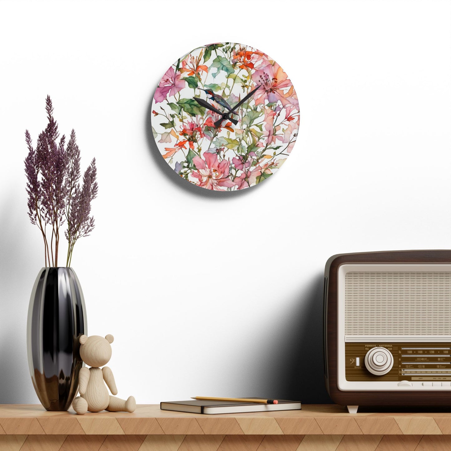 Wall Clock - Hummingbird in Pink Wild Flowers Watercolor Art by Fairyhill Studio