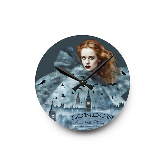 London Skyline Acrylic Wall Clock - Red Head Girl Design