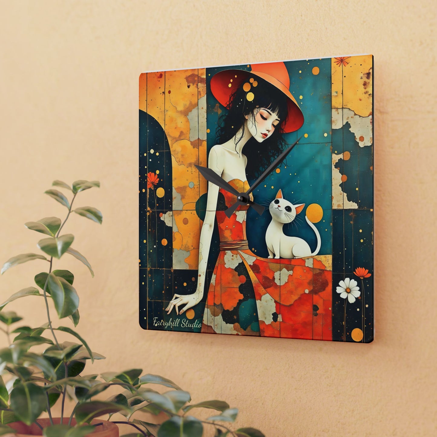 Witch with white cat Acrylic Wall Clock