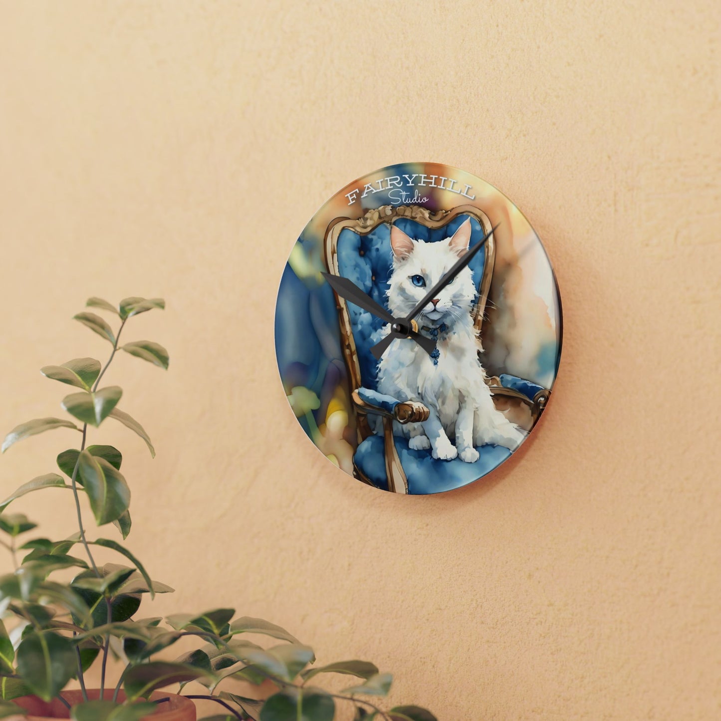 Acrylic Wall Clock - Adorable White Cat with Blue Eyes - Cat Lovers Art by FairyHill Studio