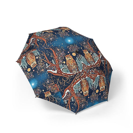 Artistic Owl Design Semi-Automatic Foldable Umbrella, Unique Rain Gear, Gift for Nature Lovers, Stylish Outdoor Accessory, Floral Print