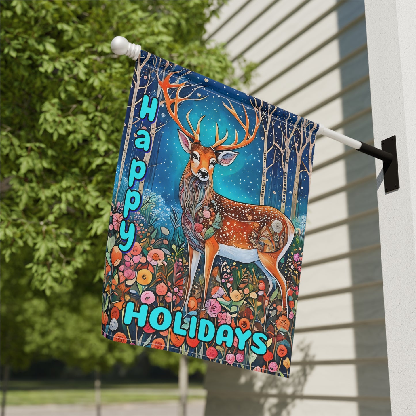 Garden Banner Deer Flag with vibrant colors and Happy Holidays Winter Yard Decor