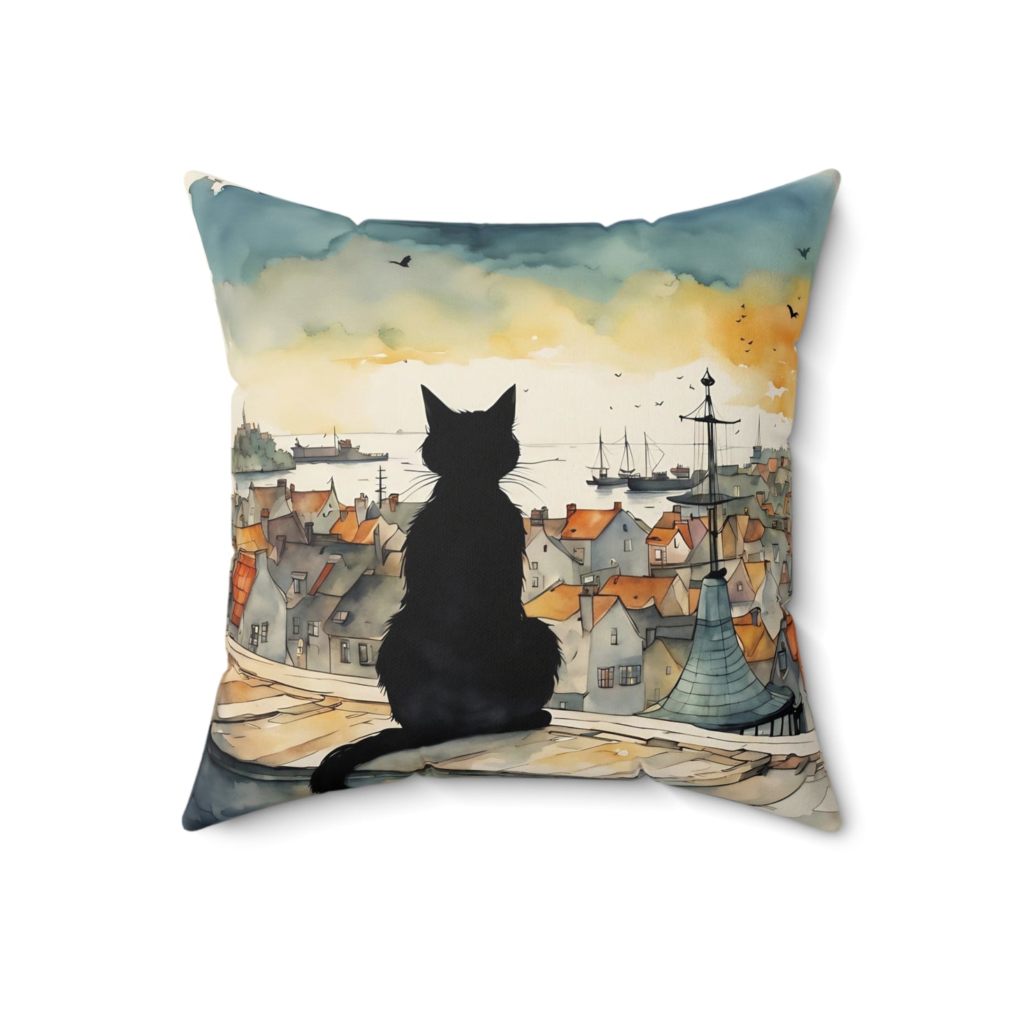 Black cat on a balcony Square Pillow - by Fairyhill Studio