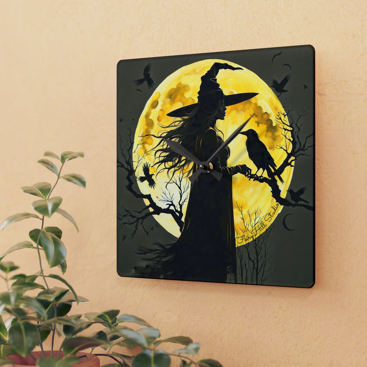 Wall Clock Moon Witch and Crow Halloween Decor