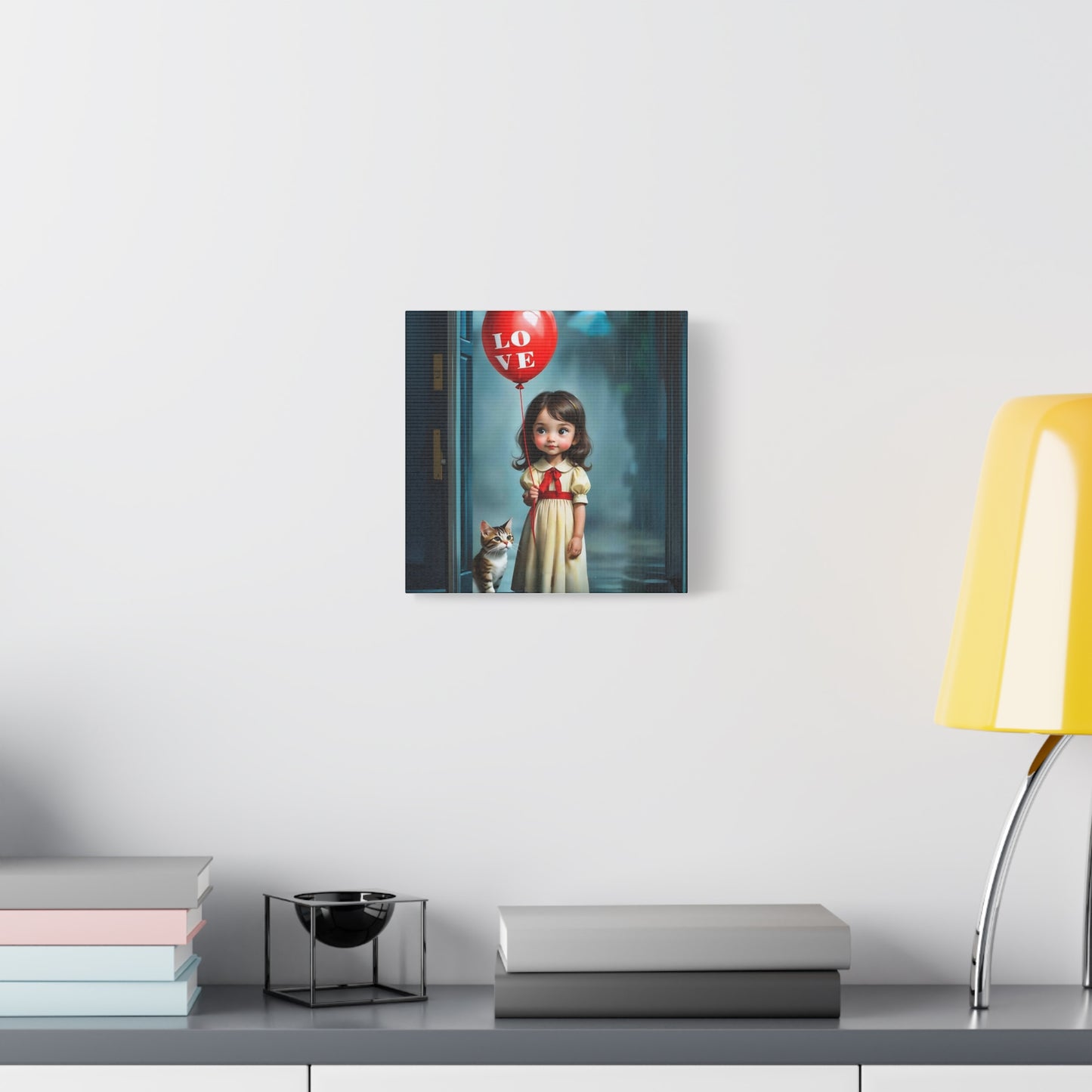 Canvas Print - Cute Girl with Red Love Balloon and Cat Art by Fairyhill Studio