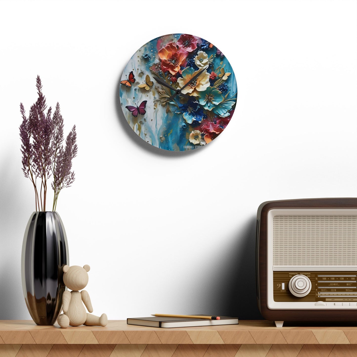 Acrylic Wall Clock - Impasto Flowers