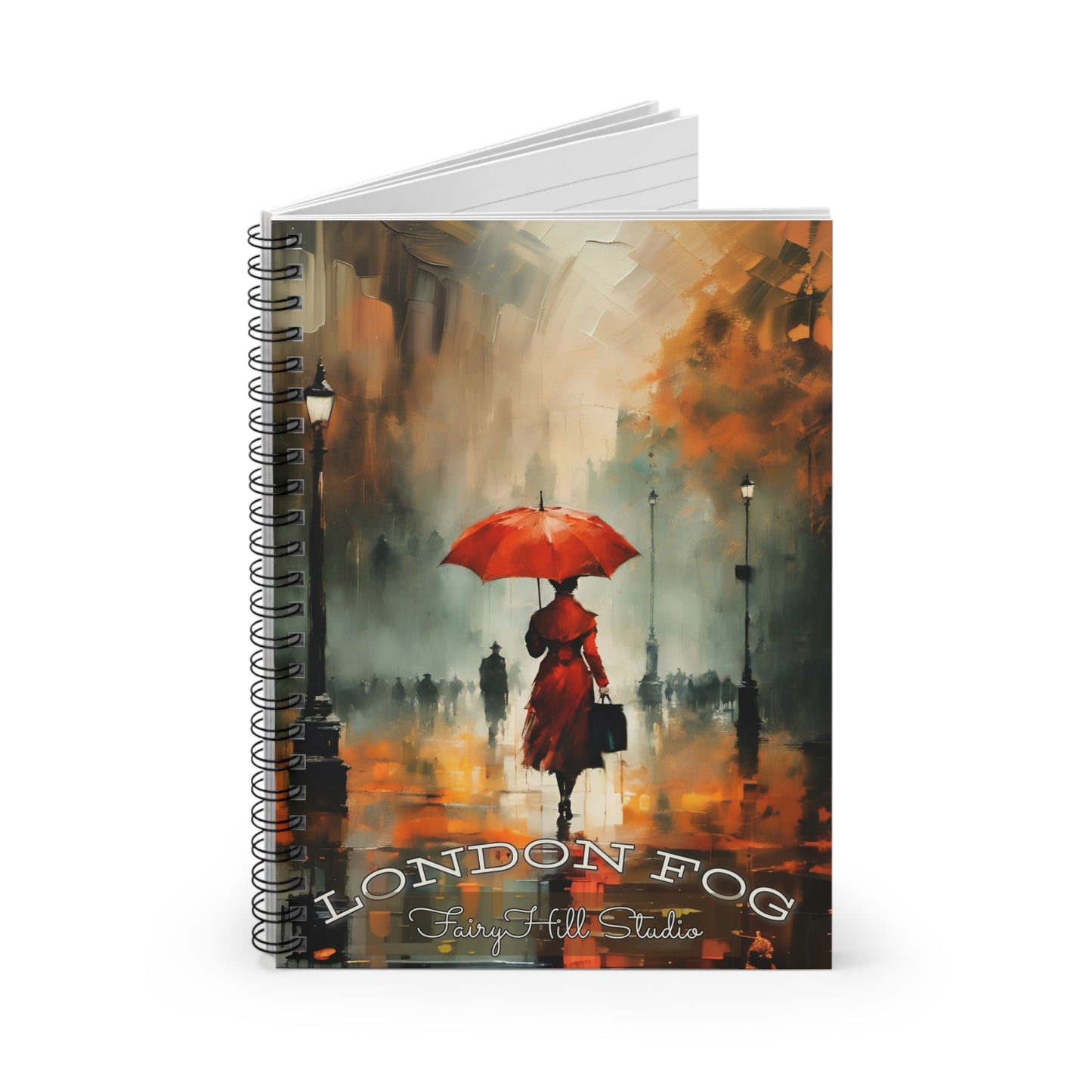 Spiral Notebook - London Fog Art Woman with Umbrella Walking in Rain