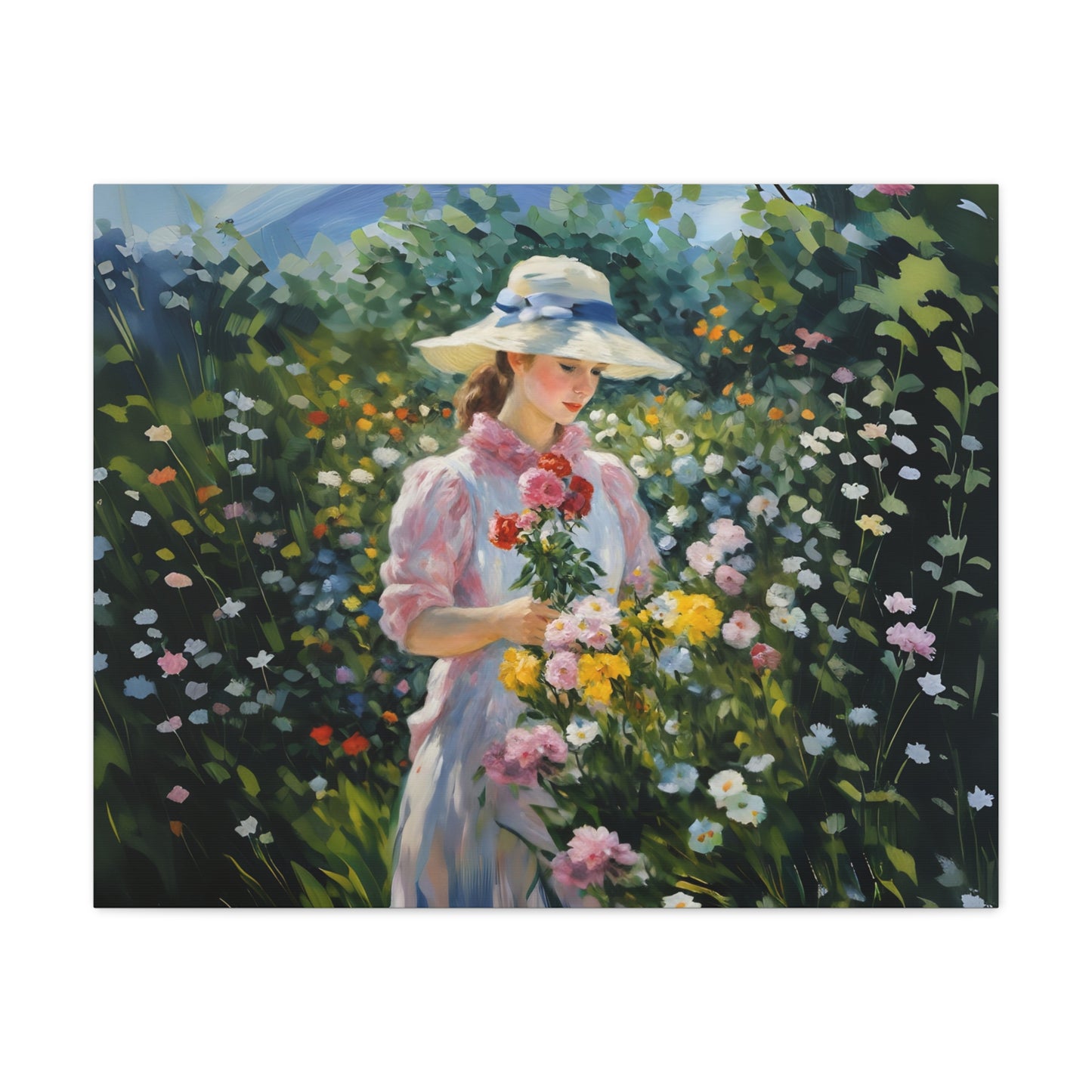 Canvas Art - Monet Style Floral Serenity with Elegant Woman and Flower Basket, Stretched Matte 1 25"