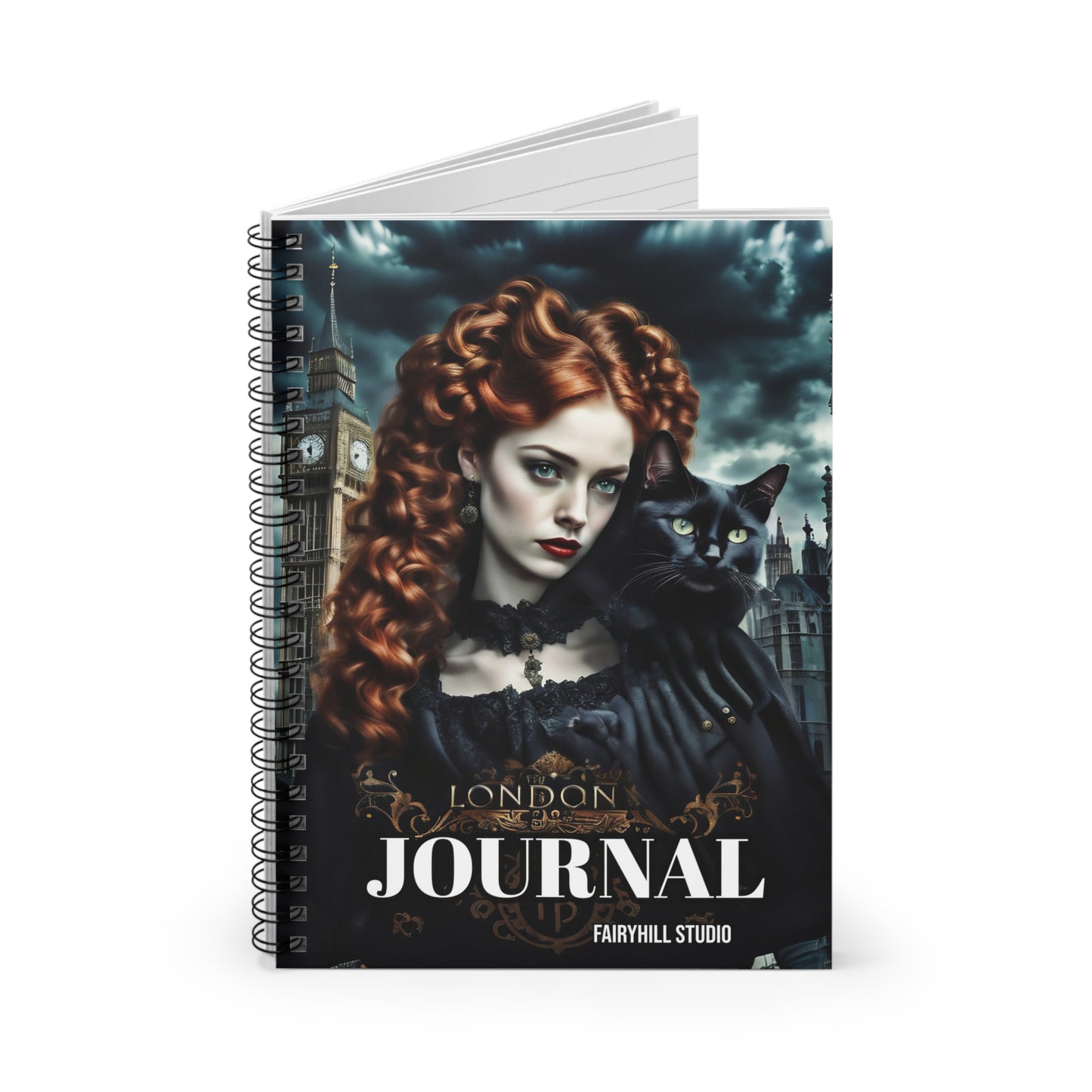 Ruled Line Journal - Gothic Woman with Black Cat in London Art