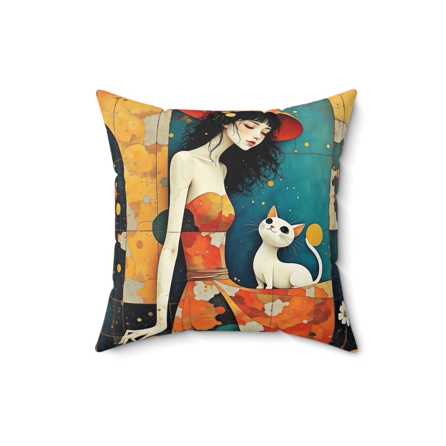 Witch with white cat Square Pillow - by Fairyhill Studio
