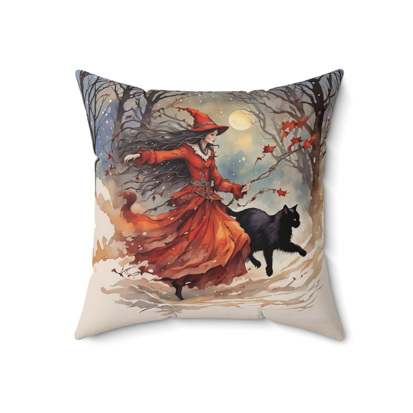 Crimson witch with black cat pillow Square Pillow - by Fairyhill Studio