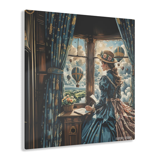 Wall Art Acrylic Print - Girl with Victorian Dress and Hot Air Balloons