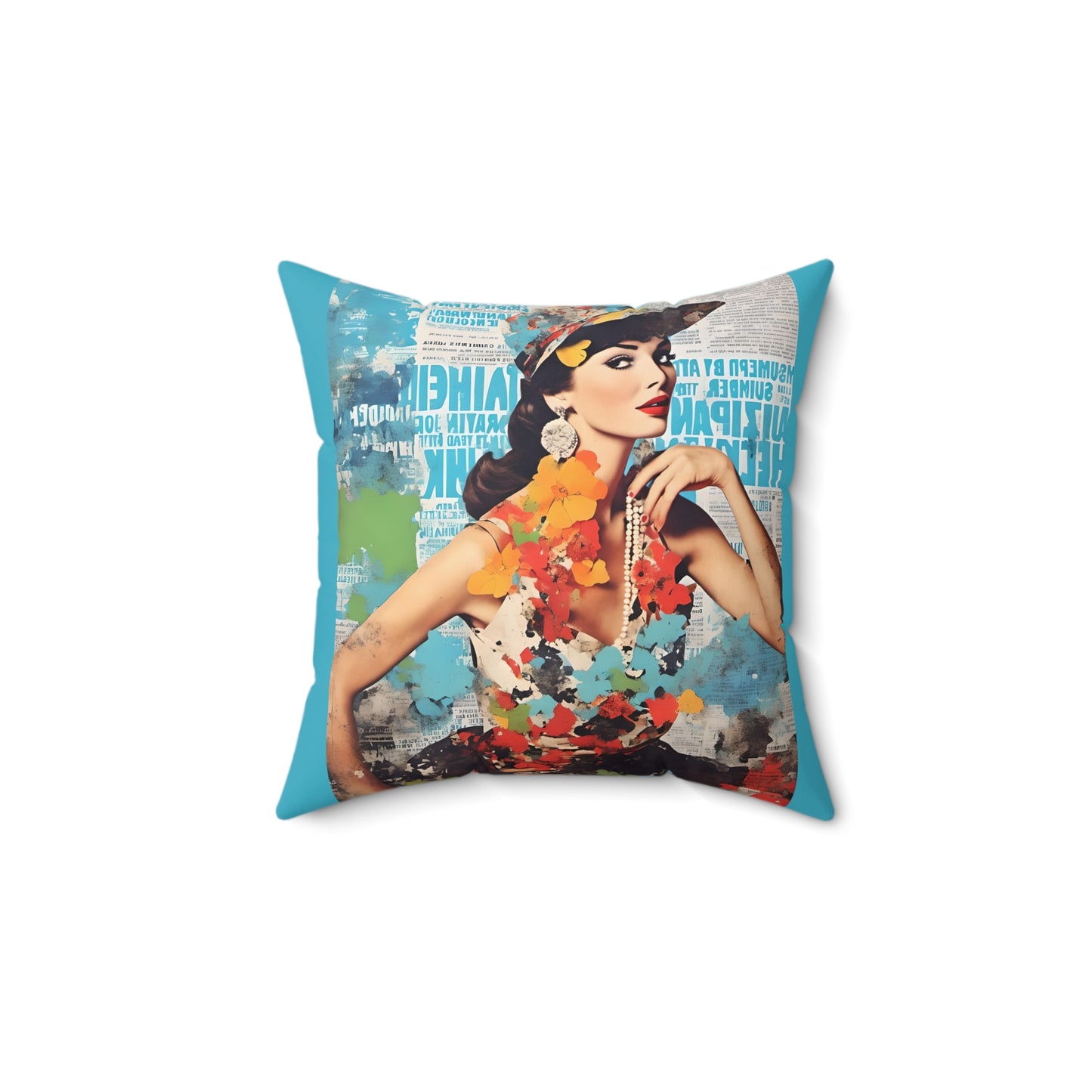 Square Pillow Colorful Fashion Model with Hat Collage Art