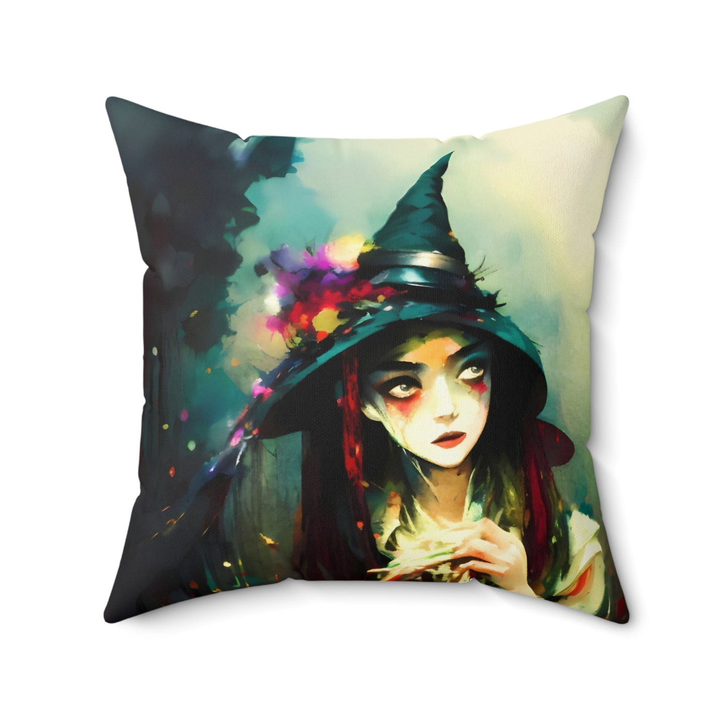 Square Pillow - Colorful Halloween Witch Pillow by Fairyhill Studio