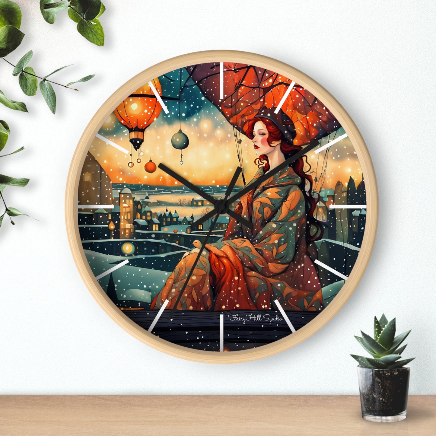 Whimsical City snow Wall Clock, Boho Home Decor, Cat Lover Gift, Cozy Living Room Accessory, Unique Cat Artwork