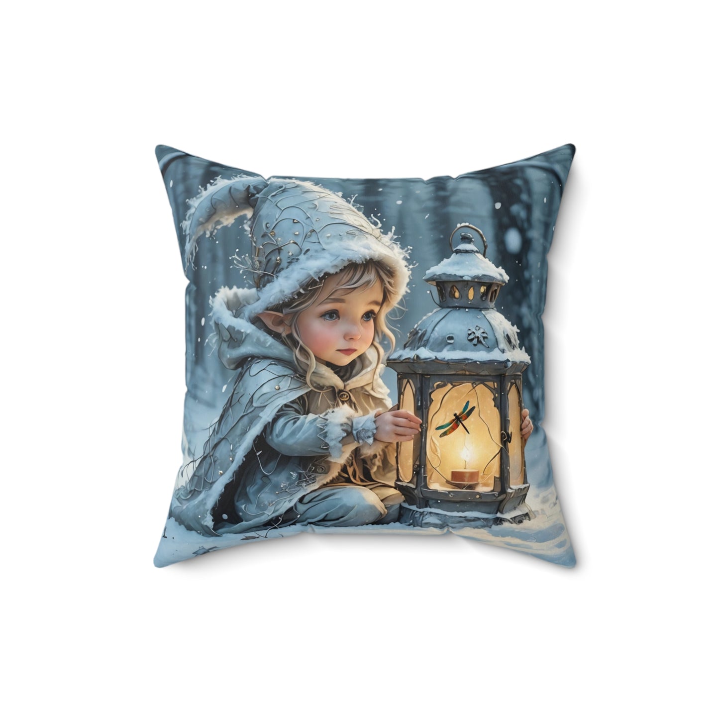 Square Pillow Winter Fairy Elf Dragonfly Lantern Art