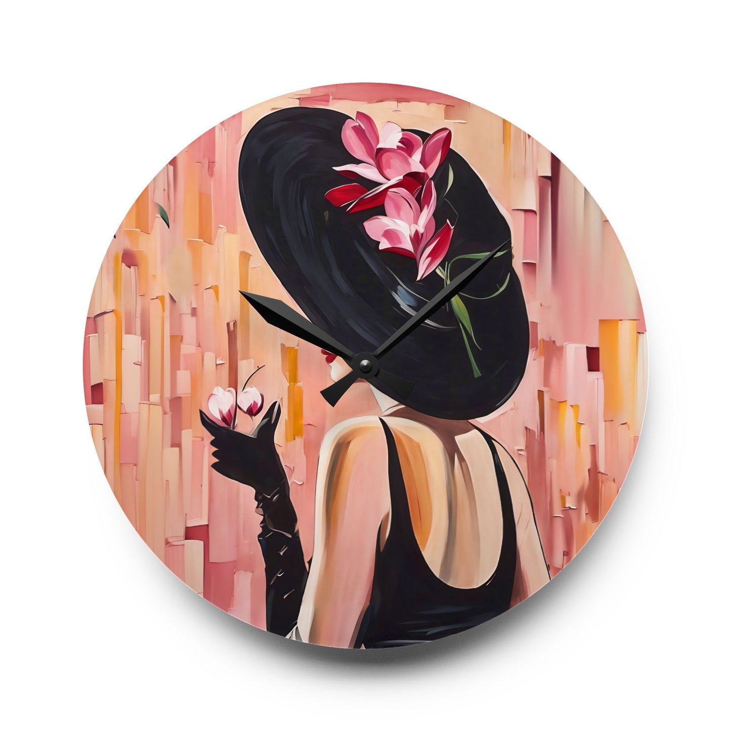 Acrylic Wall Clock Pink and Black Art Lady with Black Hat Marini Glass Fairyhill Studio Design
