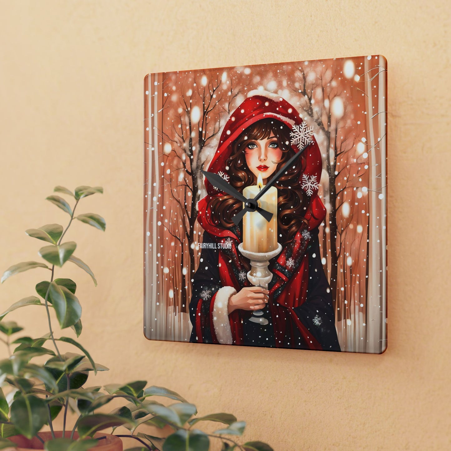 Acrylic Wall Clock -Winter Girl with a Christmas Candle