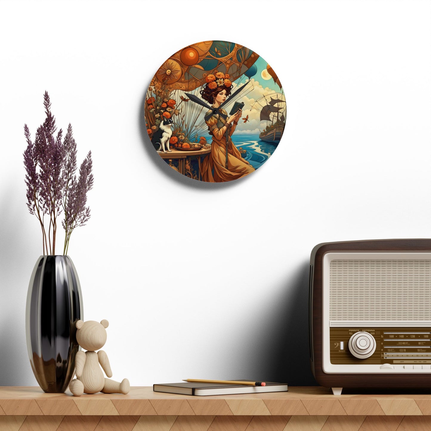 Acrylic Wall Clock Woman Reading Book with Cat and Hot Air Balloons Art