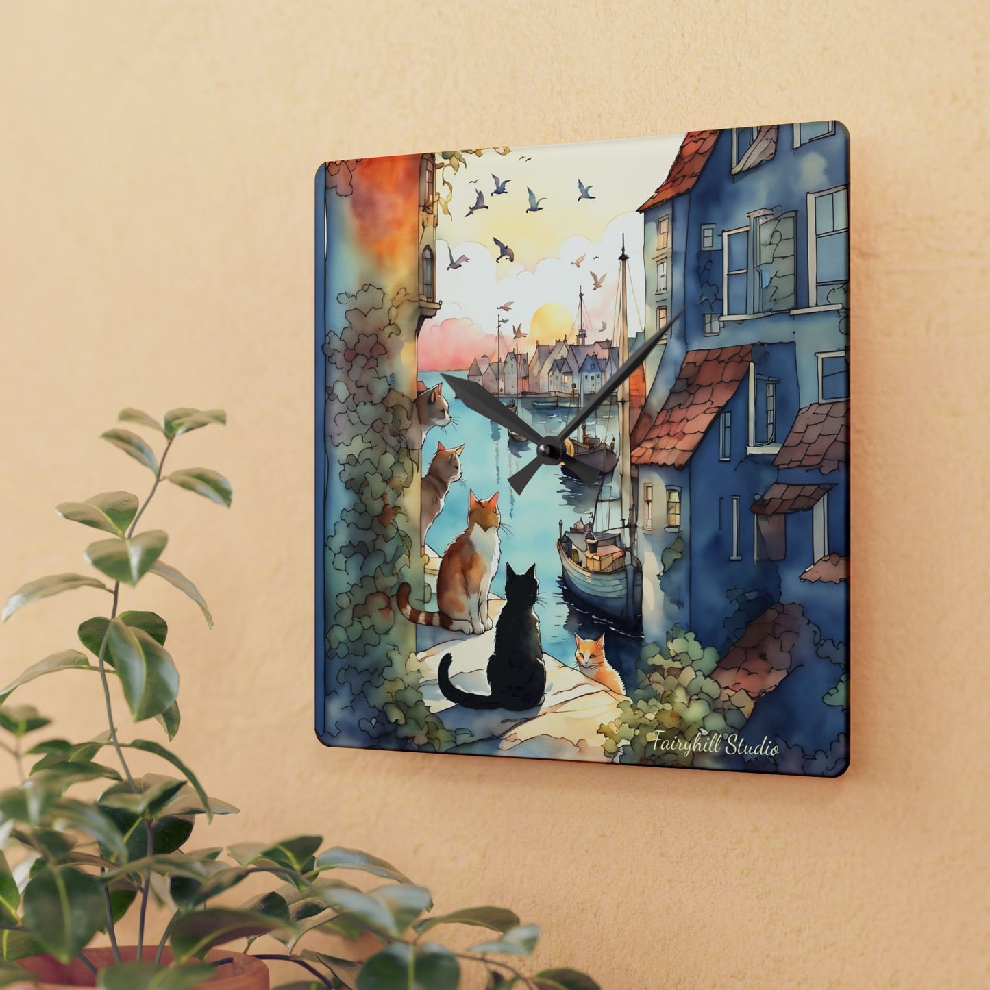 Cats by the Sea - by Fairyhill Studio Wall clock Gift Acrylic Wall Clock