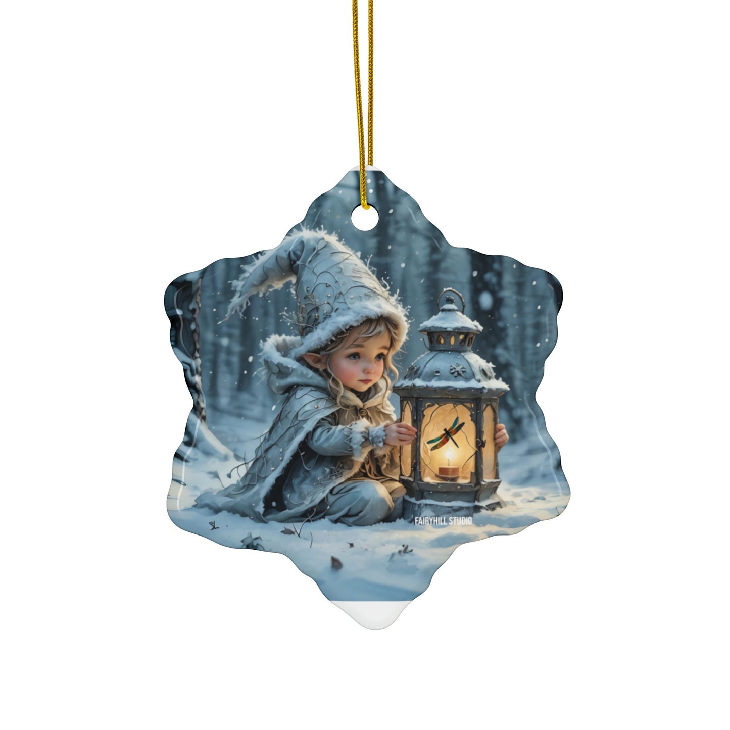 Ceramic Ornaments - Magical Holiday Elf with Dragonfly Lantern Art