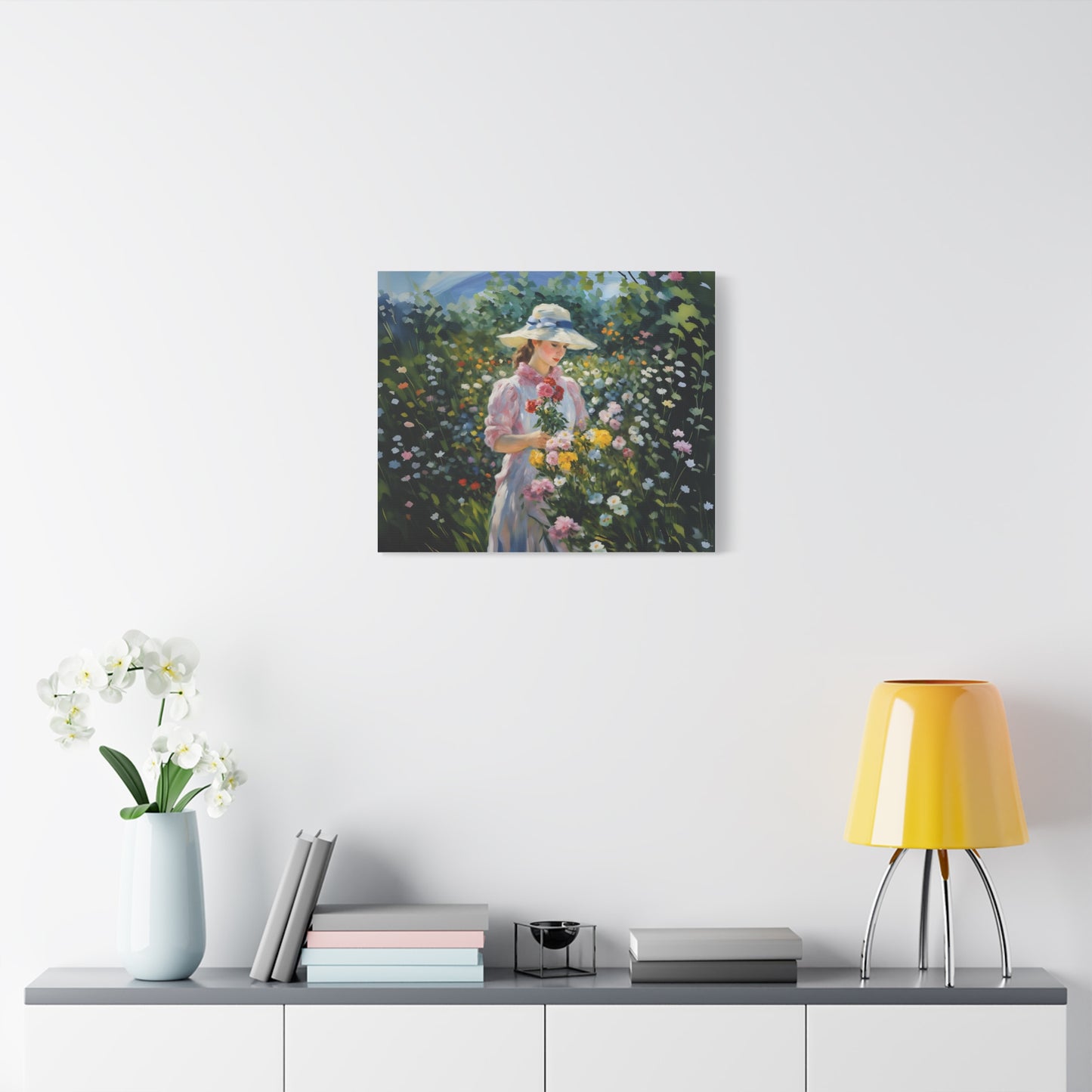 Canvas Art - Monet Style Floral Serenity with Elegant Woman and Flower Basket, Stretched Matte 1 25"