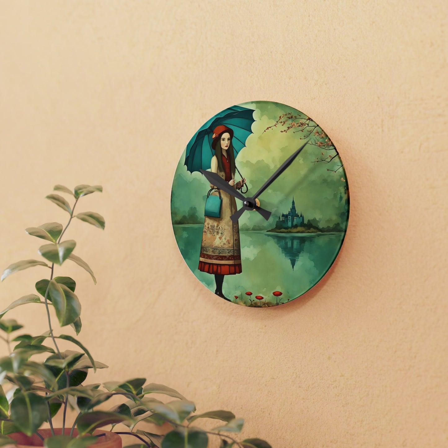 Wall Clock Personalized Journal - Gift Notebook Girl with Umbrella Art by Fairyhill Studio