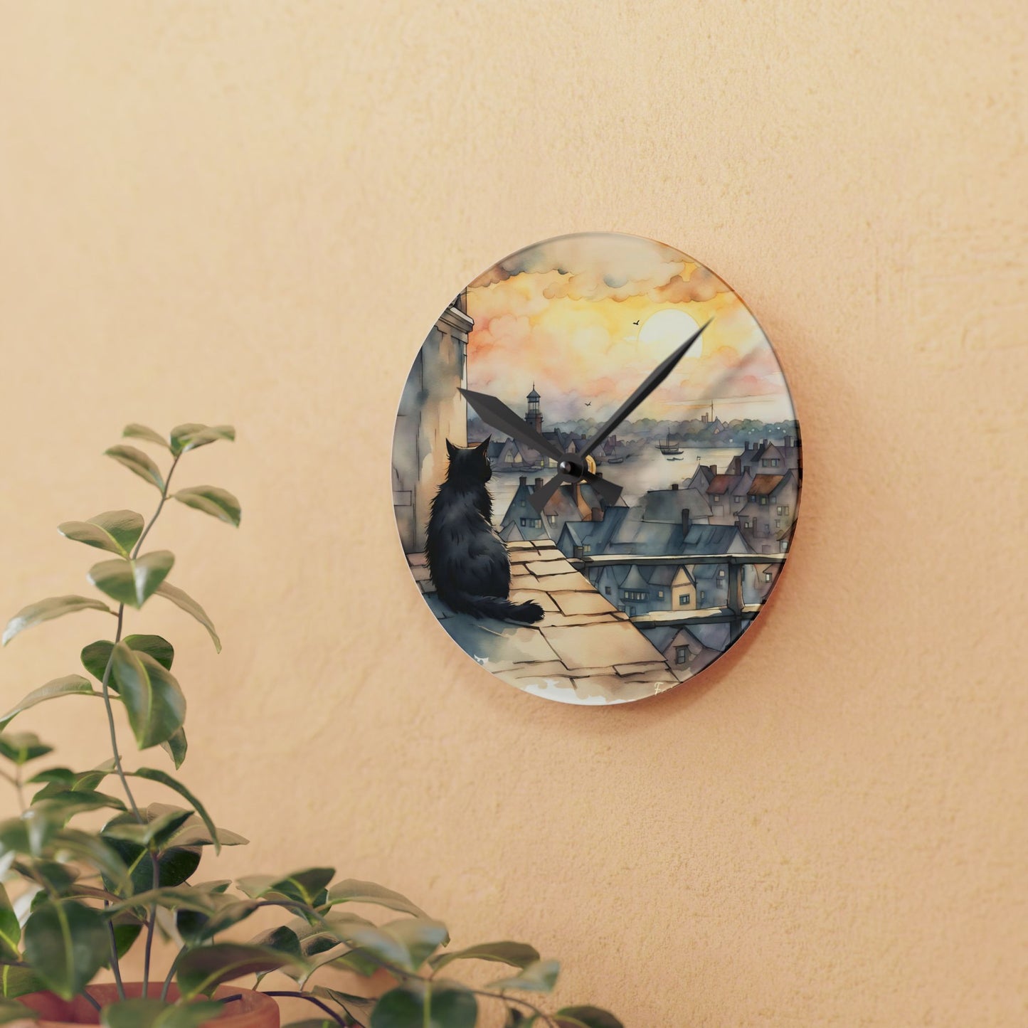 Black Cat on a roof top - by Fairyhill Studio Wall clock Gift Acrylic Wall Clock