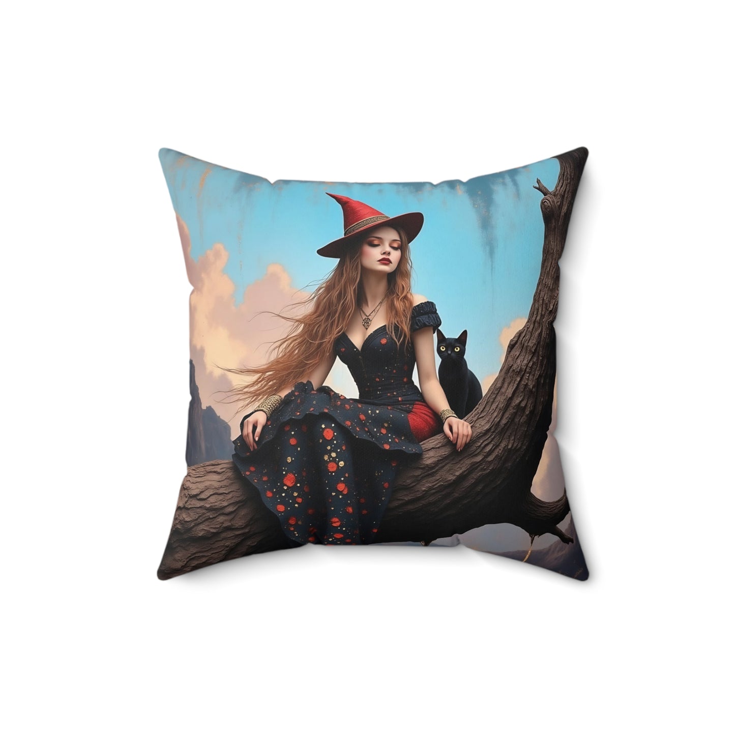 Elegant witch with black cat Square Pillow - by Fairyhill Studio